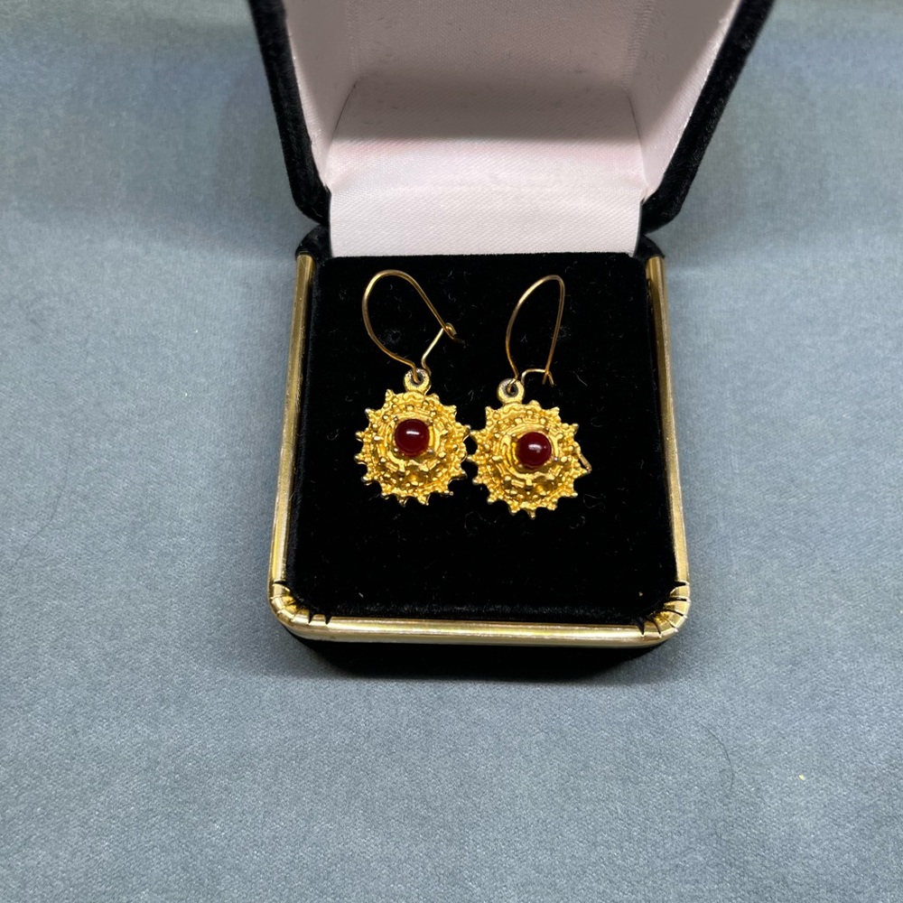 Vintage Gold Sunburst Earrings with Red Stone - Women Jewelry